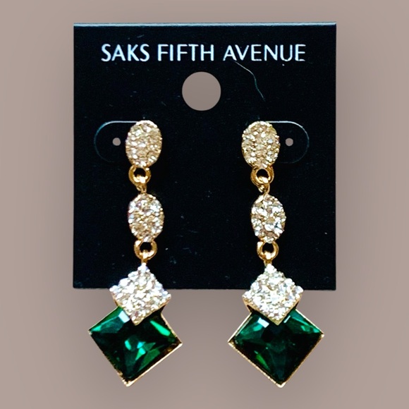 Saks Fifth Avenue Gold, Crystal, & Emerald Green Earrings - Picture 2 of 3